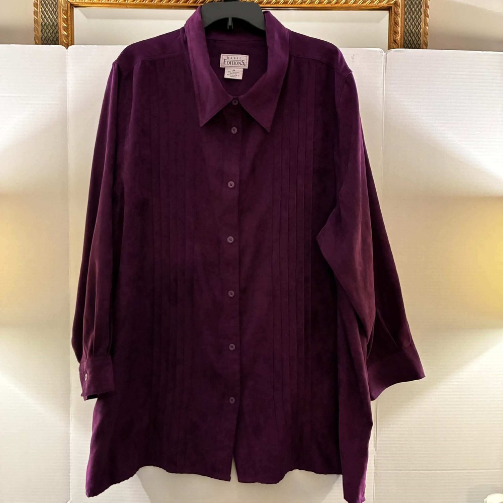 Basic Editions Button Down Shirt Womens 3X Purple Faux Suede Pintuck Western